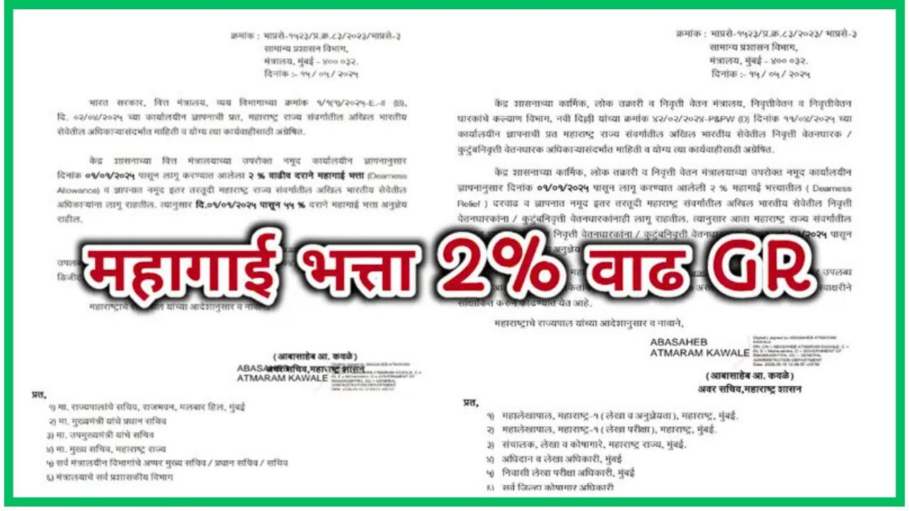 महागाई भत्ता 53 टक्के वरुन 55 टक्के वाढ करणेबाबत राज्य सरकारकडून GR निर्गमित दि.15.05.2025.DA Hike News